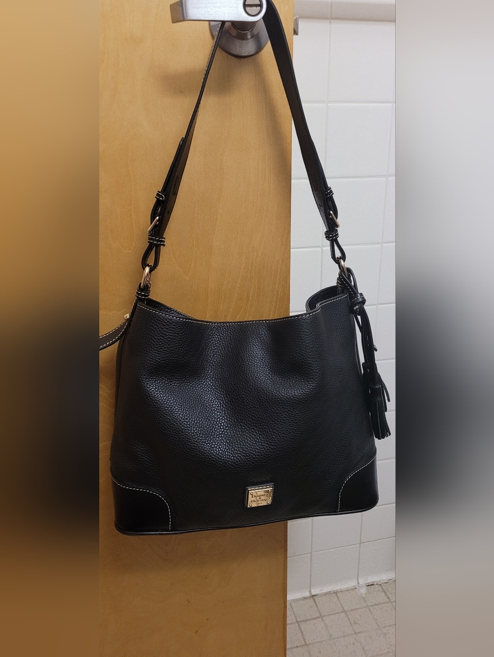 Dooney & Bourke Black Pebble Leather Shoulder Bag with Tassel